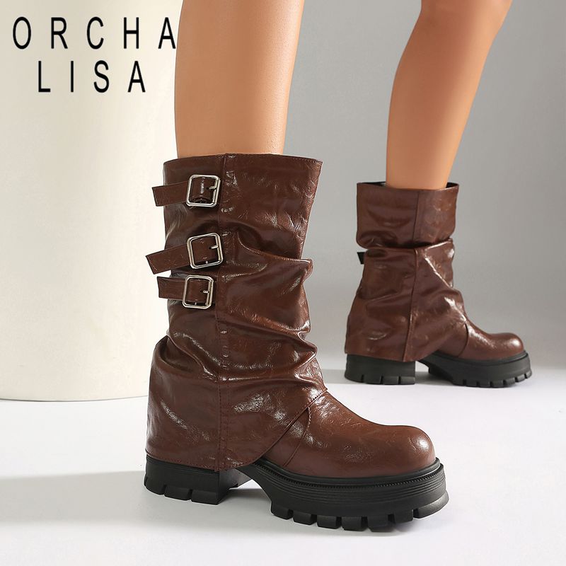 Lifting Belt - ORCHA LISA レディースフットウェア ミッドカーフブーツ カーブトゥ 6cmのしっかりとしたヒール