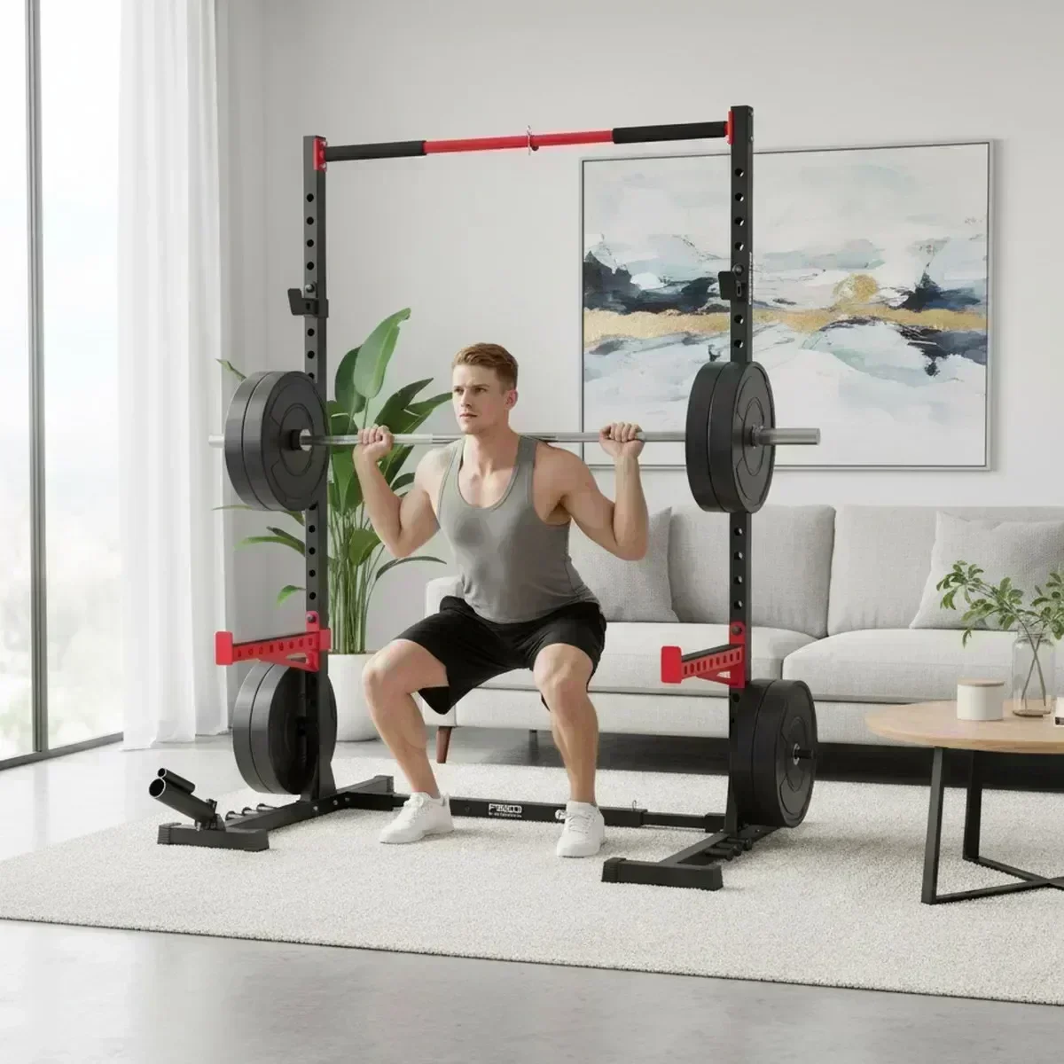 Pull Up Bar - 調整可能なホームジムスクワットラック、懸垂バー付き、頑丈なスチール製バーベルパワーケージ、ウェイトリフティングトレーニング用