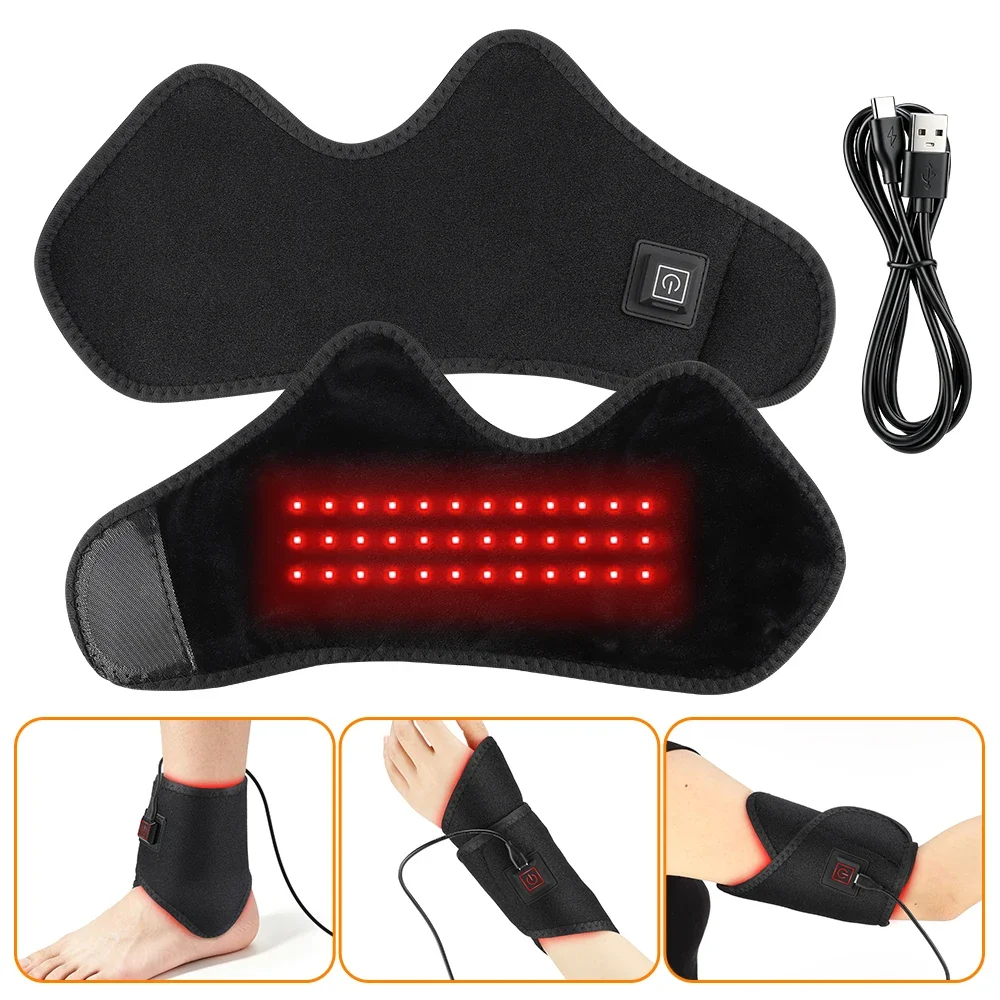 Wrist Wraps - 赤色光付き加熱アンクルラップ 36個のLED 660nm、3段階の熱レベル 45-65℃ ° C、足首・手首用、プラグイン式5V、軽量65g、黒